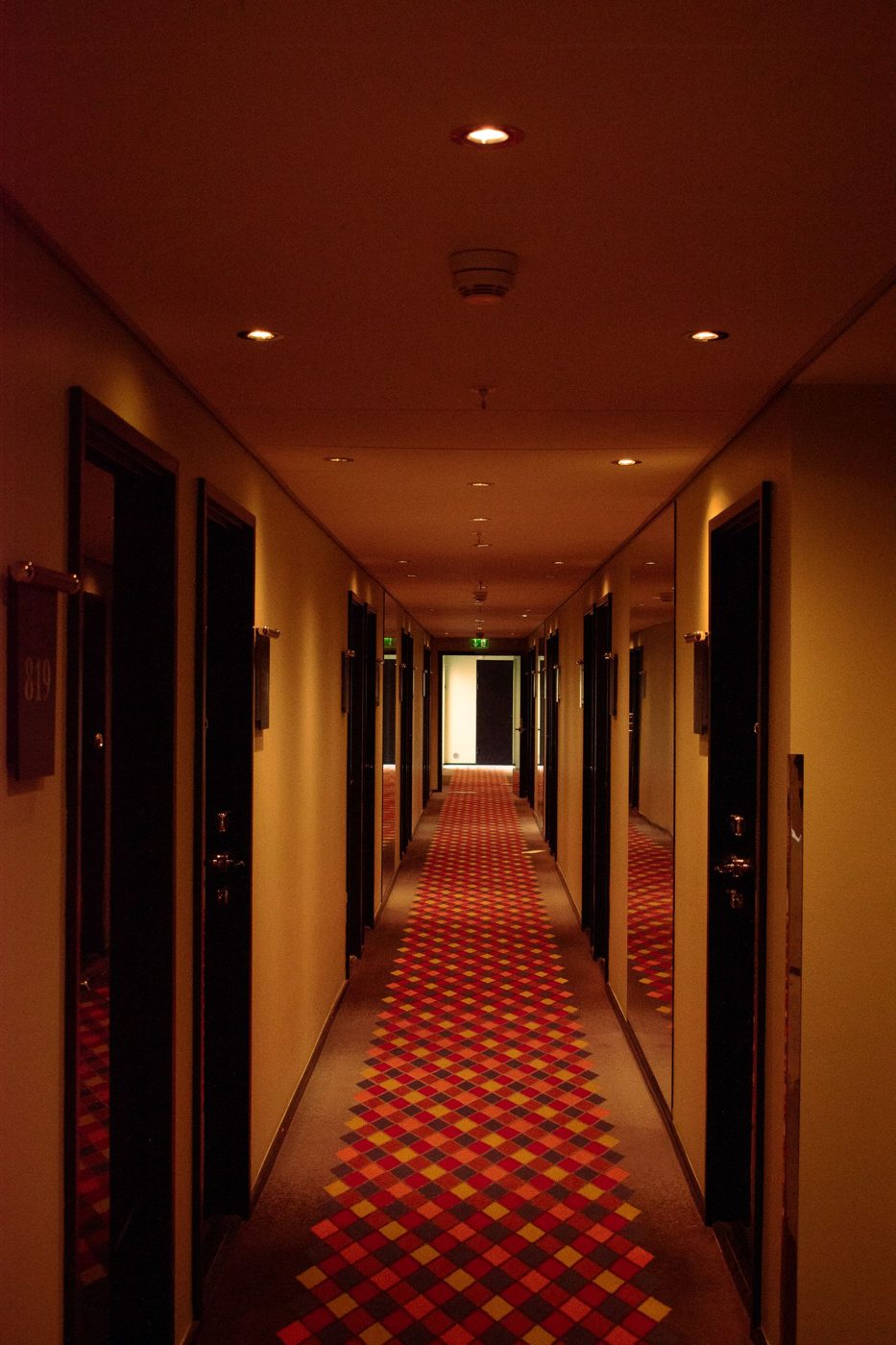 Patterned carpet in a hotel corridor