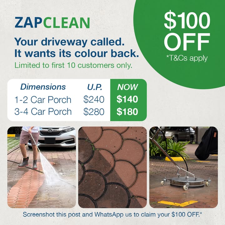 Your driveway called! Claim $100 off your first pressure washing service with ZAPCLEAN!
Limited to the first 10 clients