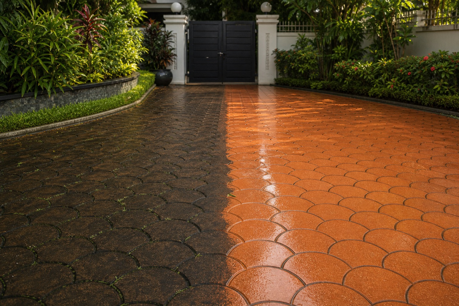 Landed property driveway before and after professional pressure cleaning — Restore. Protect. Enhance.